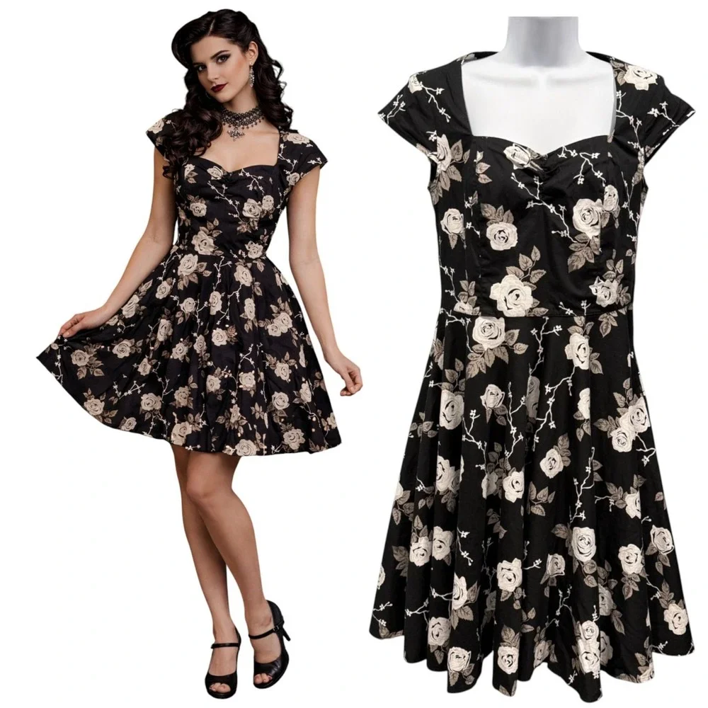 Hell Bunny Vixen Pinup Swing‎ Dress Black Floral Rose Gothic Rockabilly Size M